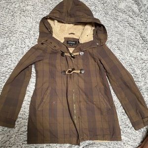Coffeeshop Women Medium Teddy Bear Coat Jacket Cotton Lining Zip-up Olive Plaid